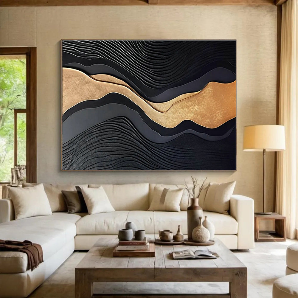 Black & Gold Wave - Shaped Relief Art for Luxury Hotel Lobbies DLZ2533