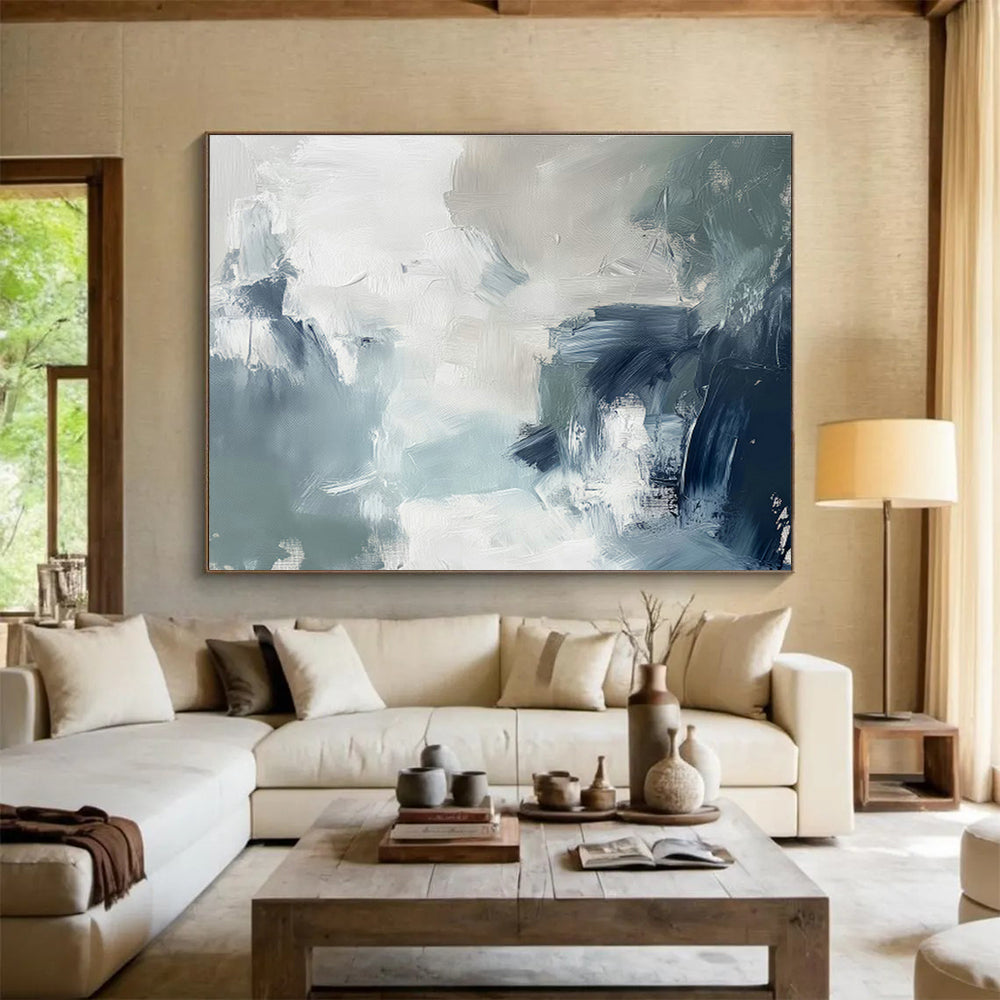 Gray - White - Blue Abstract Art for Coastal Home Living Room Accents DLZ2620