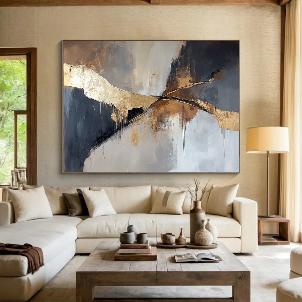 Gray, Black & Gold Abstract Flow Art for Sophisticated Boardroom & Elegant Living Room SC327