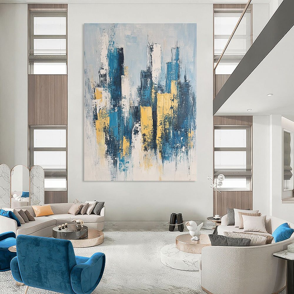 Blue and Gold Cityscape Art for Luxury Home Living Area & Art - Themed Corporate Lounge STSC1358