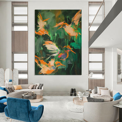 Orange Birds in Jungle Abstract Art for Tropical Resort & Nature - Lover’s Bedroom DLZ0681
