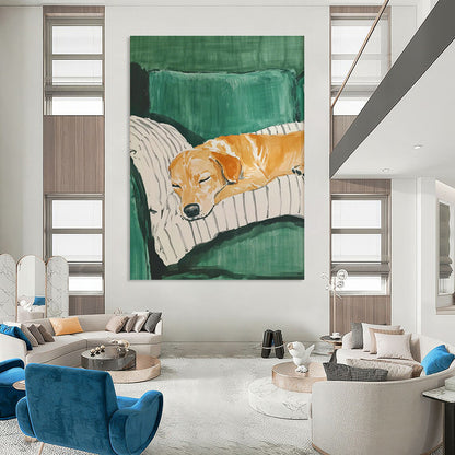 Dog Sleeping on Green Sofa Art for Pet - Friendly Home & Vet Clinic Waiting Room DLZ0688