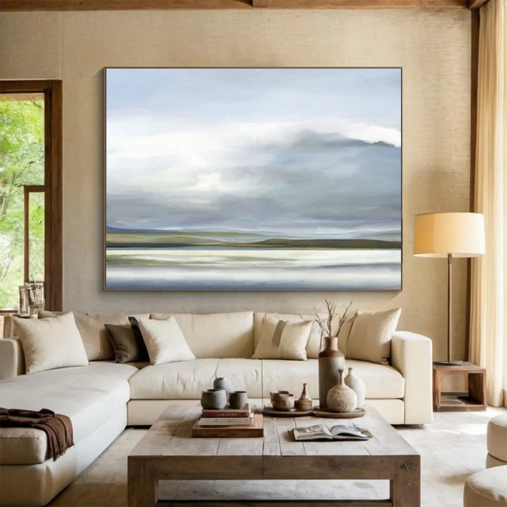 Grey - Blue Lakeside Painting for Serene Living Room DLZ2744