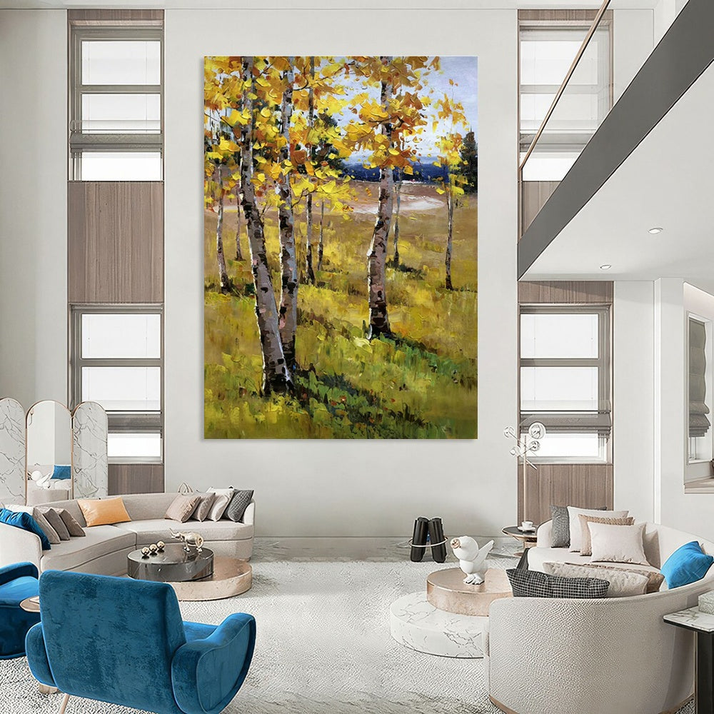 Golden Autumn Birch Forest Oil Painting for Country Cottage & Fall - Themed Café DLZ1291