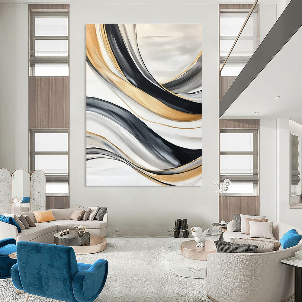 Flowing Gold & Black Abstract Art for Living Room & Luxury Spa STSC739