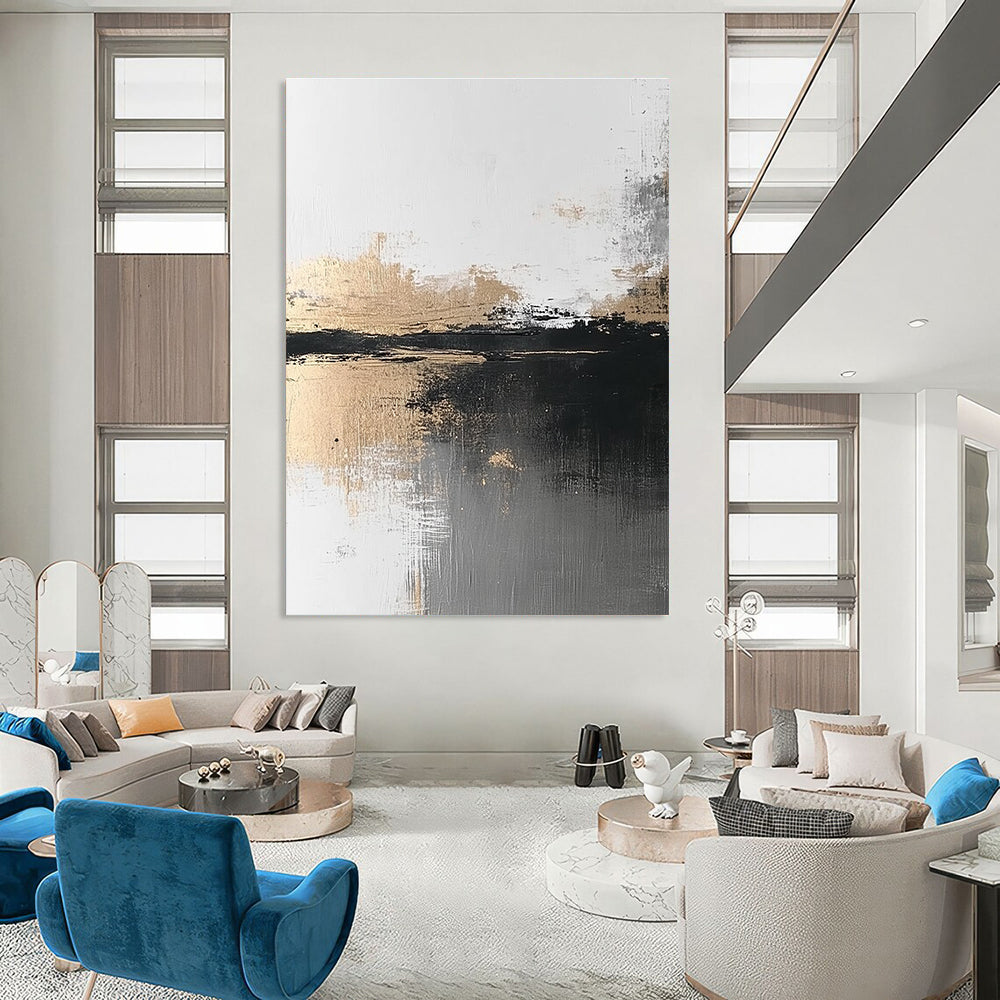 Black, White, and Gold Abstract Landscape for Minimalist Home Office & Art - Centric Lounge STSC387