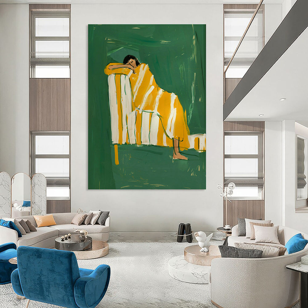 Figure in Yellow Blanket on Green Background Art for Art Deco Home & Creative Studio DLZ0689