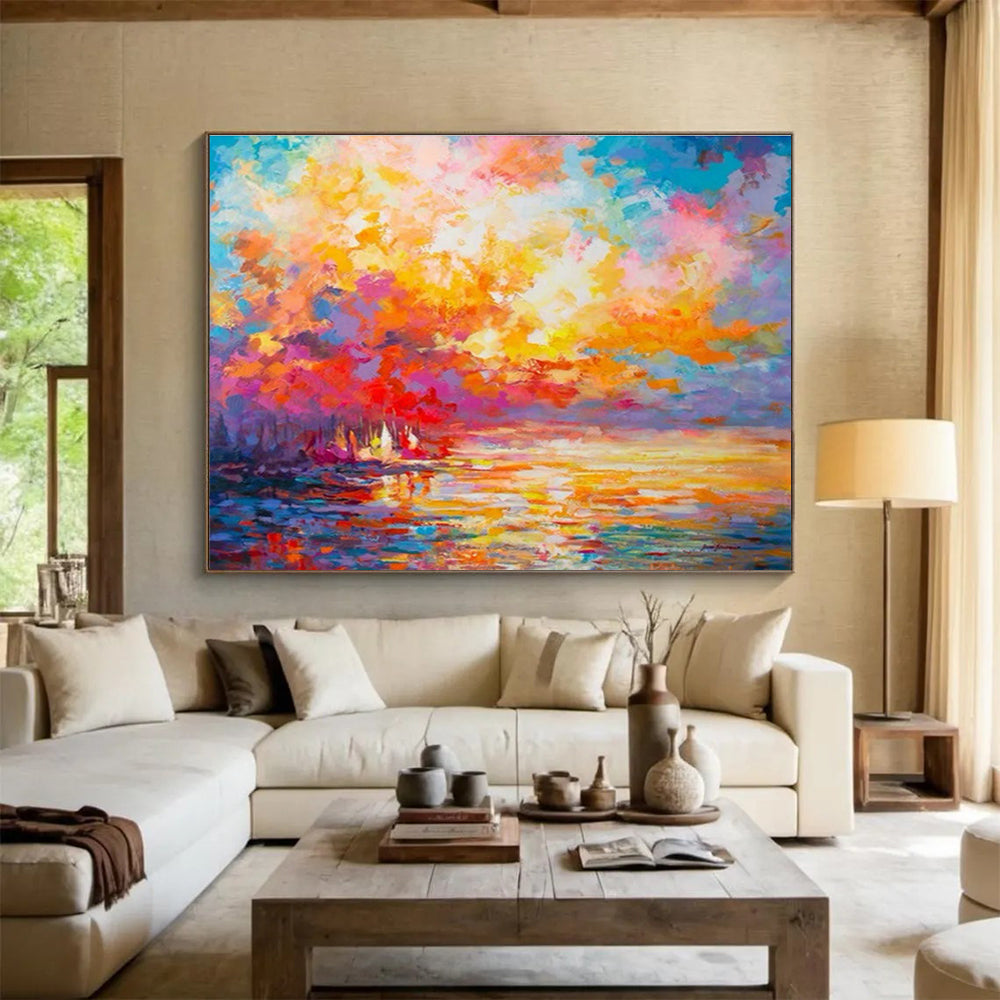 Vivid Sunset Lake View Abstract Art for Cozy Living Room DLZ2793