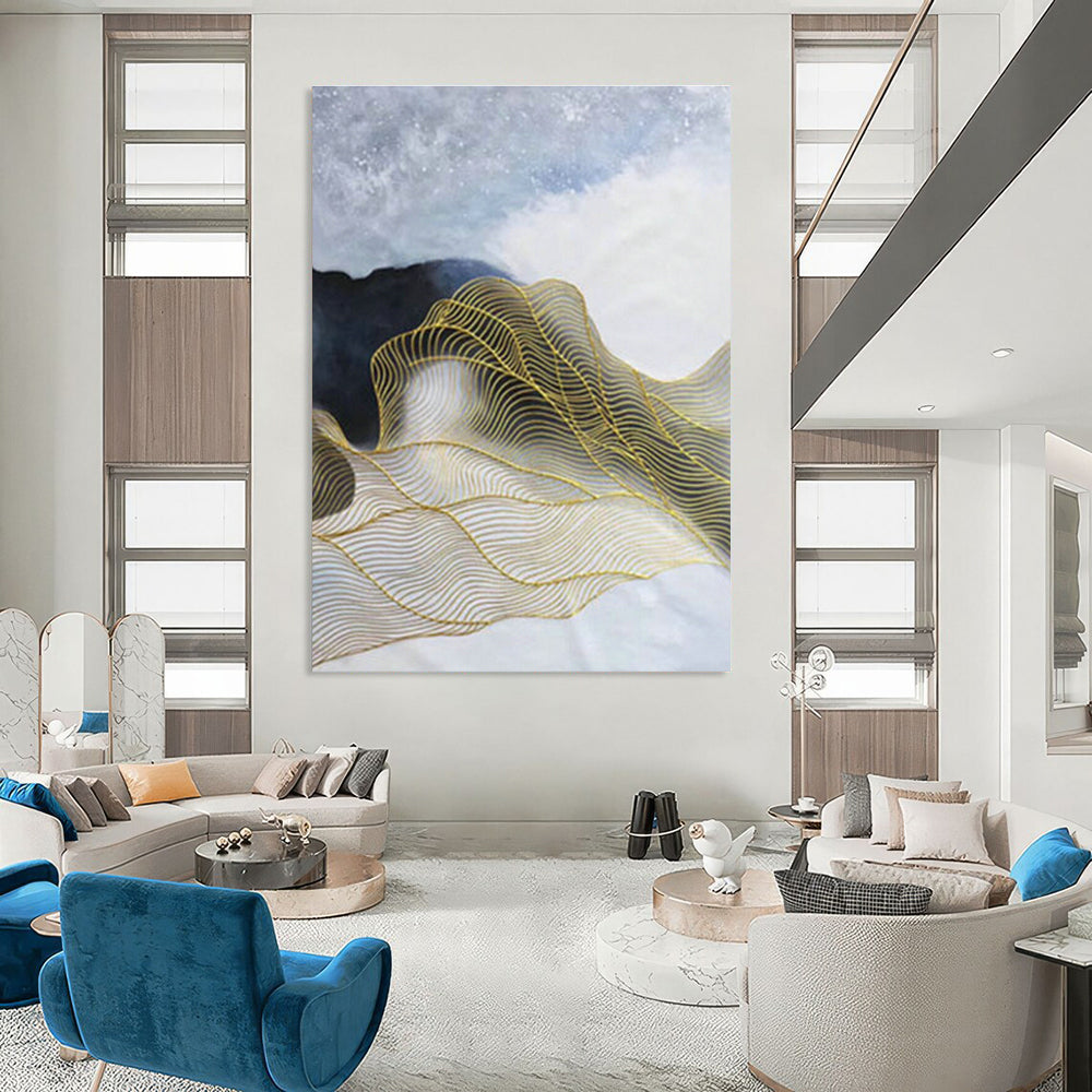 White - Blue with Gold Waves Abstract for Spa & Luxury Home DLZ0574