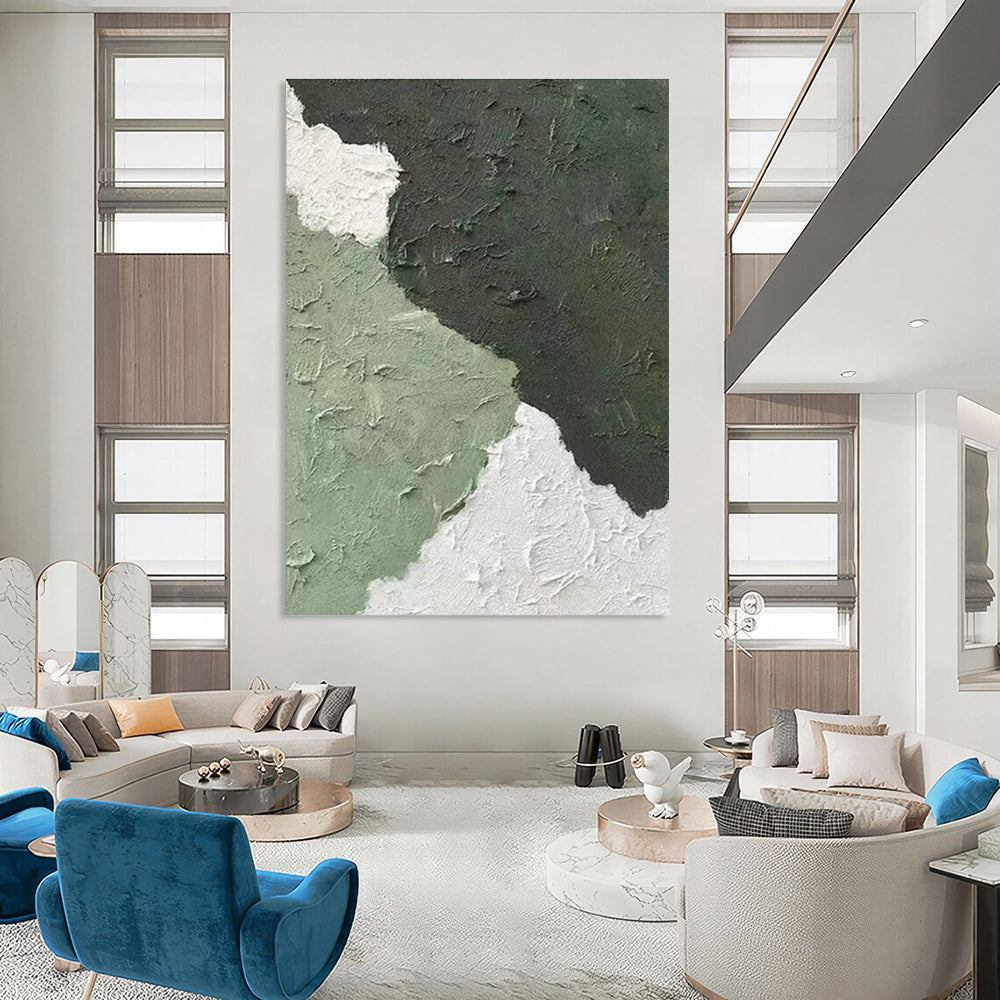 Green - White Textured Abstract Art for Bohemian Living Room & Plant - Filled Café DLZ1333
