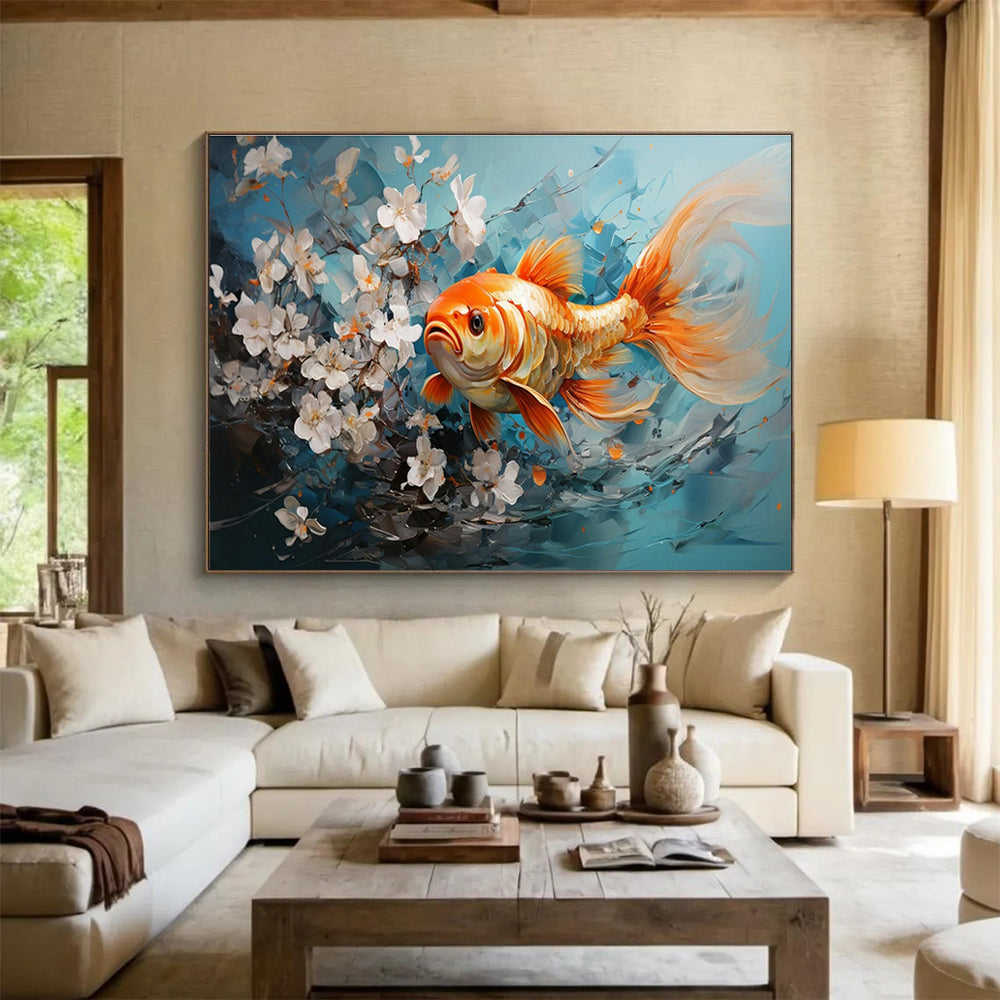 Goldfish & White Flowers Art for Asian - Inspired Tea House Interiors DLZ3148