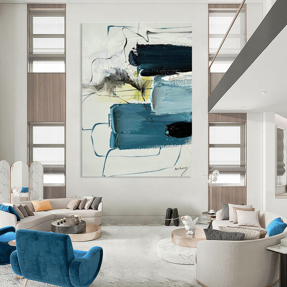 Blue - Gray Line Abstract Art for Urban - style Library & Modern Apartment Living Room DLZ0789