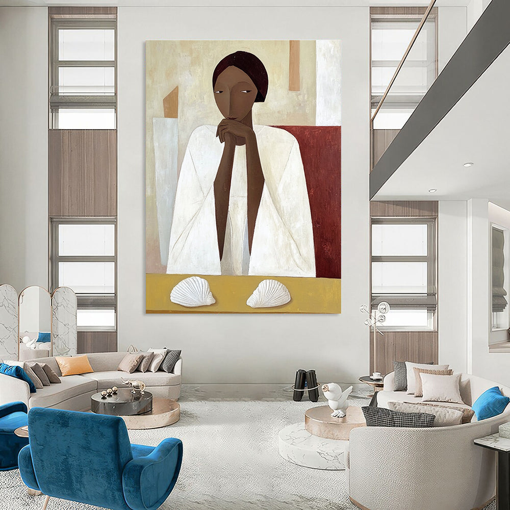 Woman in White with Shells Art for Coastal Home & Serene Meditation Room STSC1115