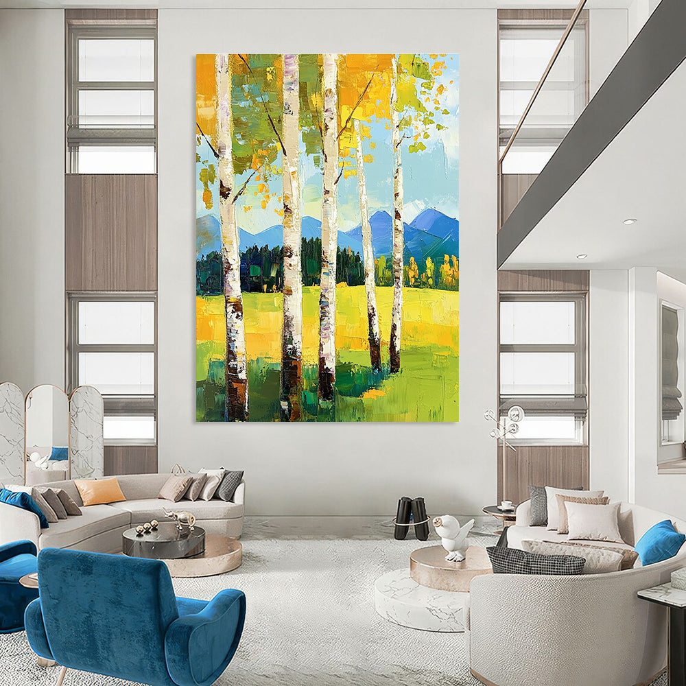 Summer Birch Trees and Mountains for Bright Home Office & Alpine - Style Lodge STSC871