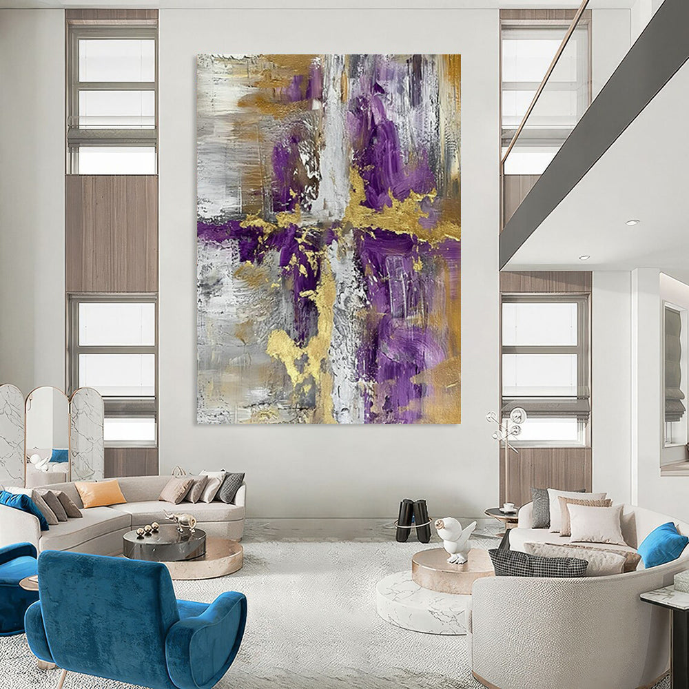 Purple - Gold - Silver Abstract Art for Art Gallery Exhibition & Bohemian - Chic Home DLZ1731