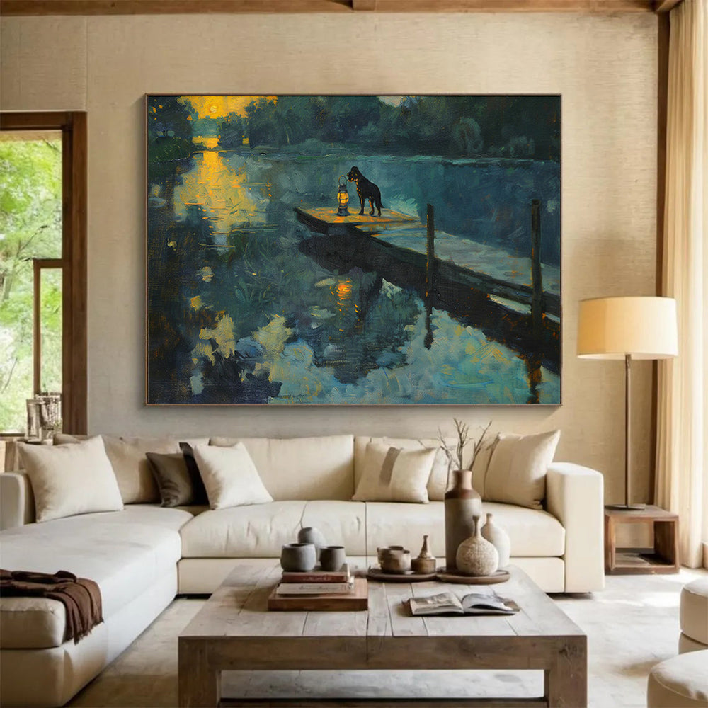 Lakeside Dog & Lantern Oil Painting for Rustic Cabin Living Rooms DLZ2605