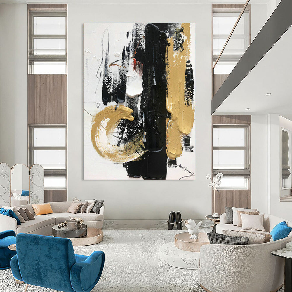 Black, White & Gold Abstract Art for Luxury Hotel Lobby & Sophisticated Home Office DLZ0820