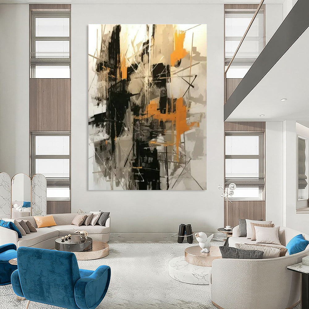 Black - White - Orange Abstract Art for Industrial - Chic Café & Edgy Home Studio DLZ1703