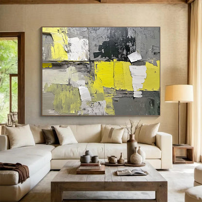 Yellow - Gray Collage Abstract Art for Industrial - Style Café & Modern Art Studio SC240