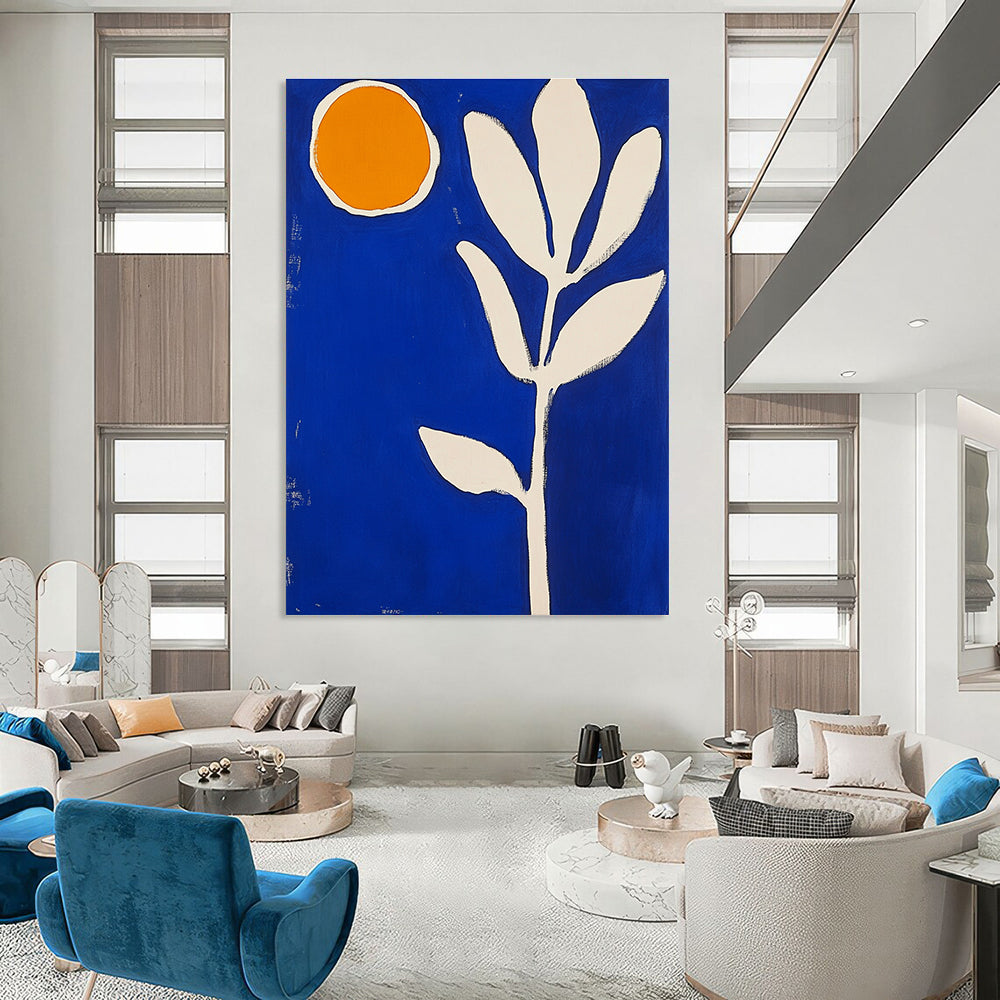Blue Background with Orange Circle and White Leaf Art for Modern Bedroom & Eco - Friendly Store STSC1316