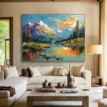 Mountain Lake Palette Knife Art for Adventure - Themed Hotel Lobby Displays DLZ3210