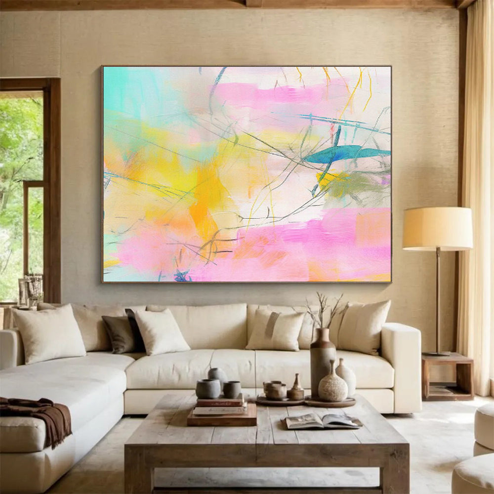 Pink - Yellow Line Abstract Art for Bright Home Office DLZ2885