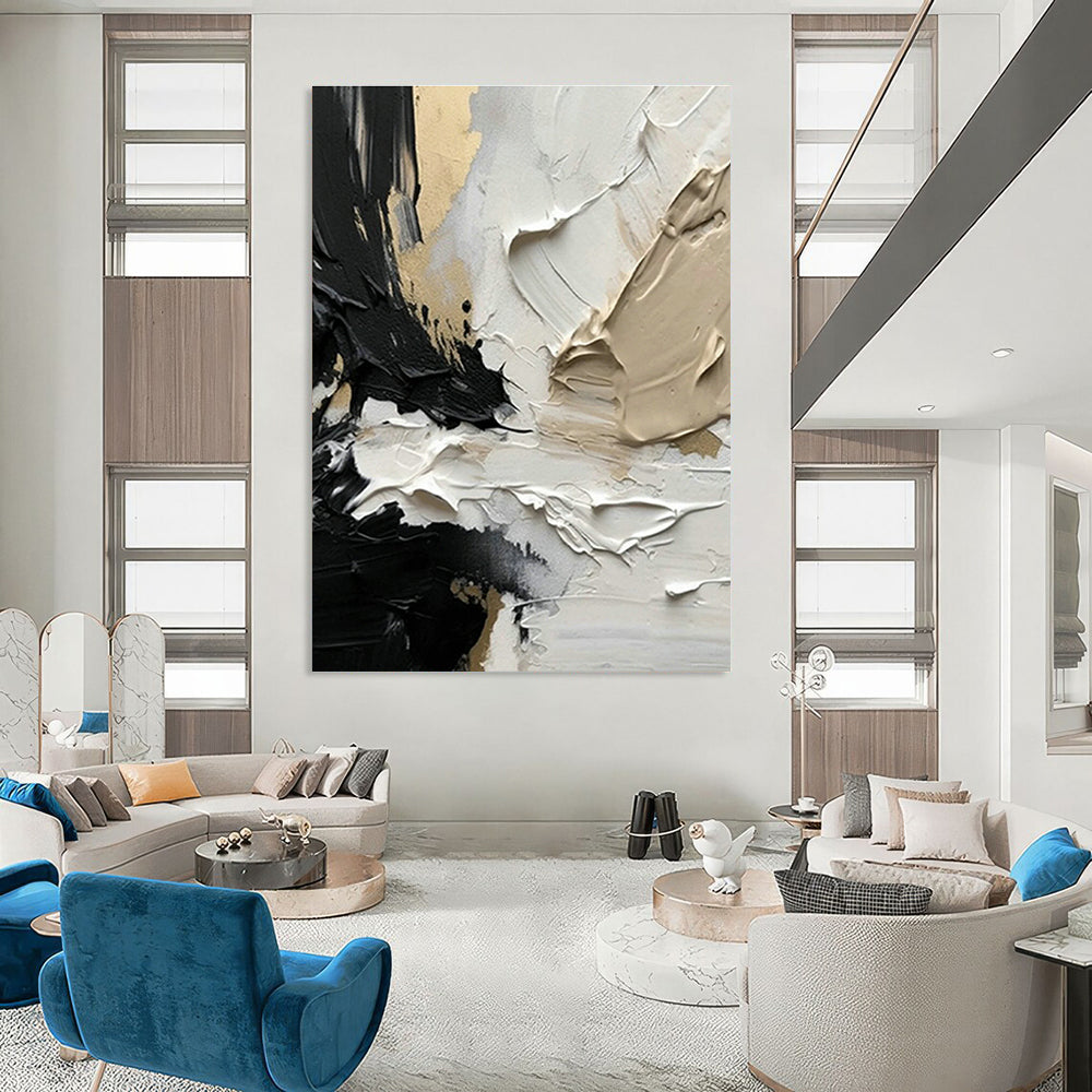 Black, Gold & Cream Abstract Art for Luxury Penthouse Living Room & High - End Jewelry Store DLZ1032