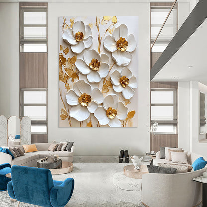 3D White Flowers with Gold Centers Textured Floral Art for Bohemian - Style Living Room & High - End Home Spa STSC1481