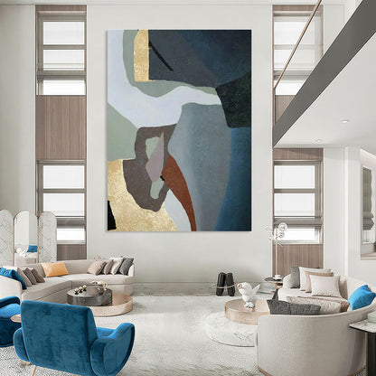 Geometric Abstract Art with Gold, Brown & Blue for Hotel Lobby & Villa Corridor DLZ0563