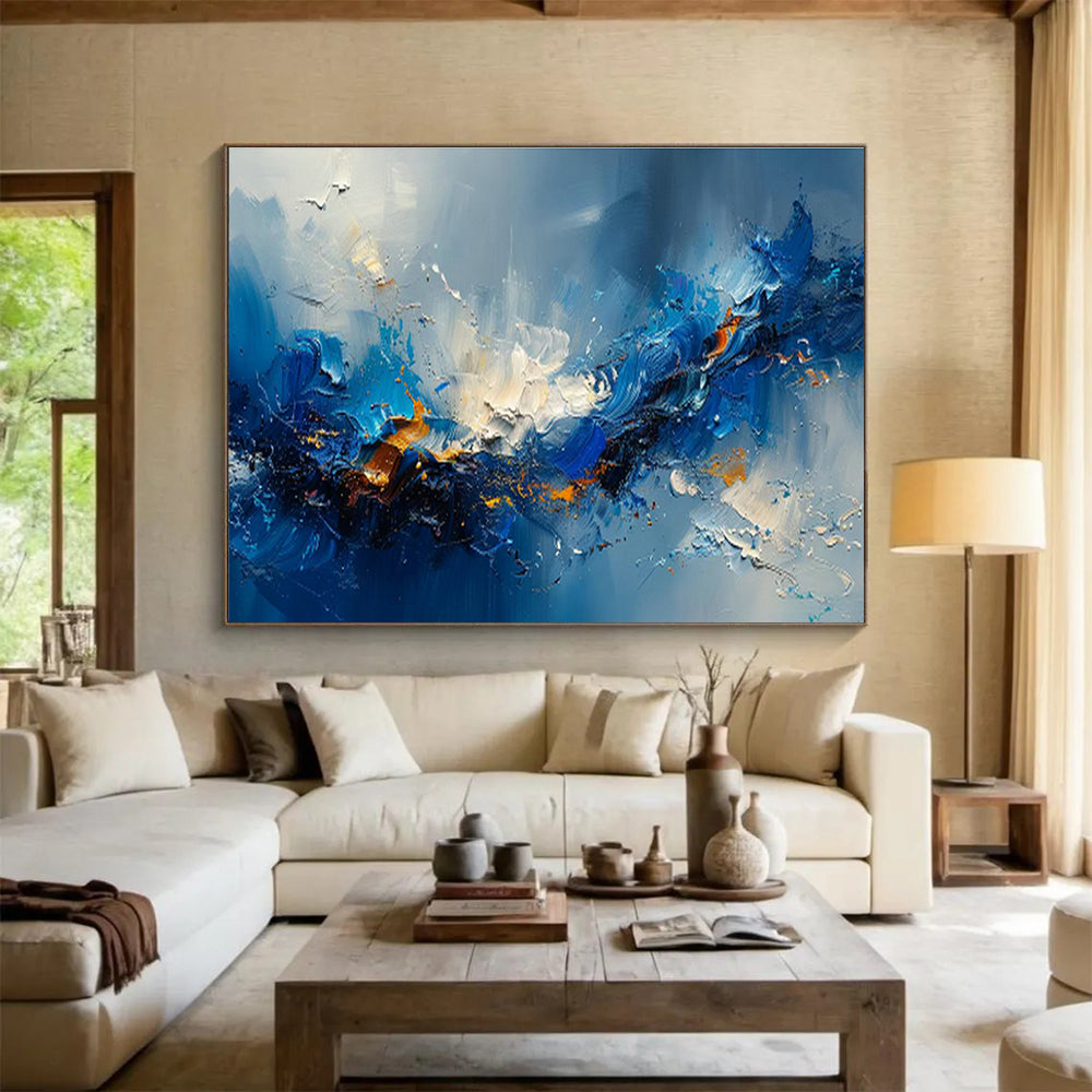 Dynamic Blue Abstract Wave Art for Modern Office Break Rooms DLZ3088