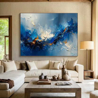 Dynamic Blue Abstract Wave Art for Modern Office Break Rooms DLZ3088