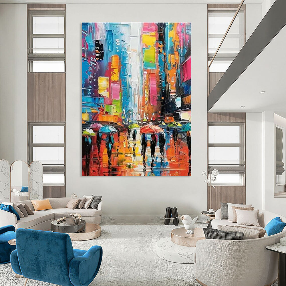 Colorful City Rain Scene Art for Contemporary Café & Urban Art Lover’s Home DLZ1555