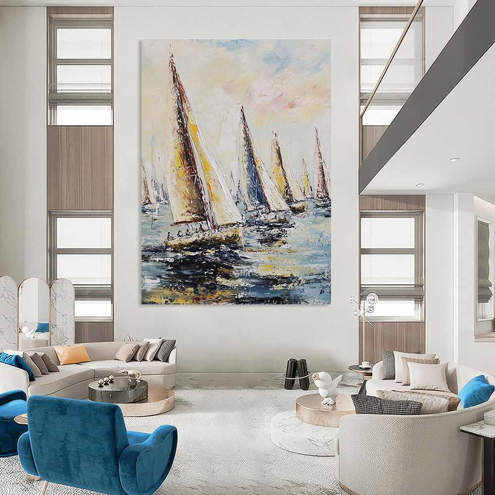 Fleet of Sailboats on the Sea Art for Nautical Clubhouse & Adventure - Themed Living Room STSC1421