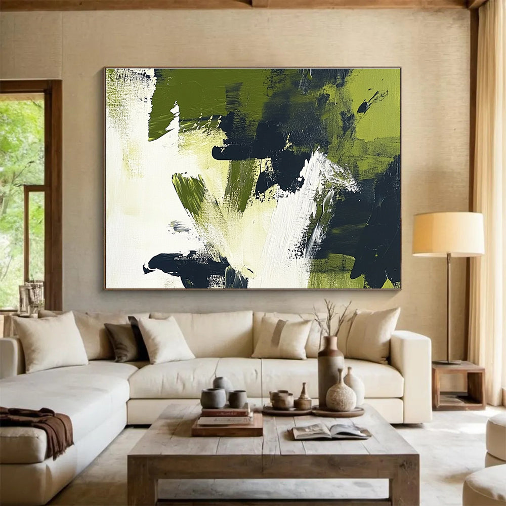 Green - Black Abstract Brushstrokes Art for Eco - Friendly Café & Modern Garden - Themed Office SC248