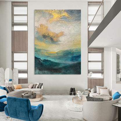 Gold - Blue Landscape - Inspired Abstract Art for Coastal Villa & Art - Themed Café DLZ1901