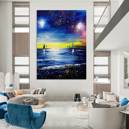 Starry Night Sea with Sailboats for Nautical - Themed Living Room & Cozy Beach Cottage STSC526