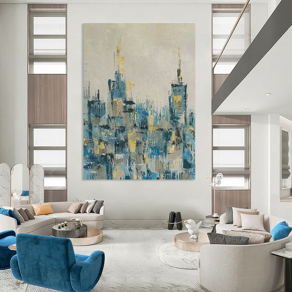 Blue - Gold Cityscape Abstract Art for Urban - Themed Bar & Metropolitan Home DLZ0778