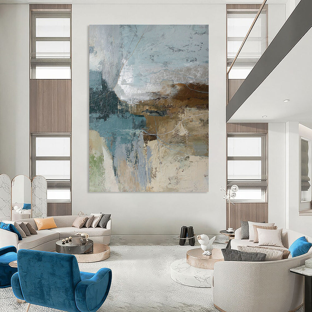 Blue, Brown, and Gray Abstract Art for Lakeside Cabin Living Room & Outdoor Adventure Club DLZ1019