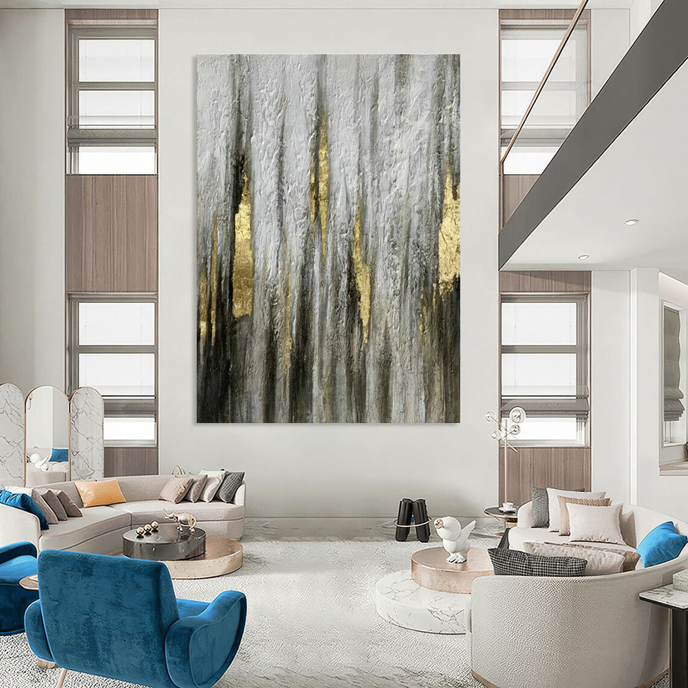 Grey - Gold Vertical Lines Abstract Art for Living Room & Bedroom DLZ0500
