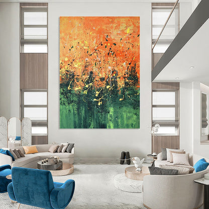Orange - Green Splatter Abstract Art for Living Room & Art Studio DLZ0445