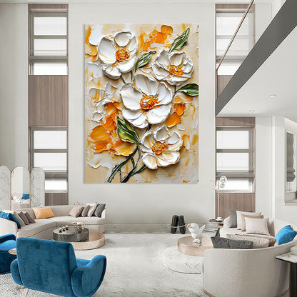 Textured White Flowers Art for Floral - Themed Spa & Elegant Dining Room STSC1397