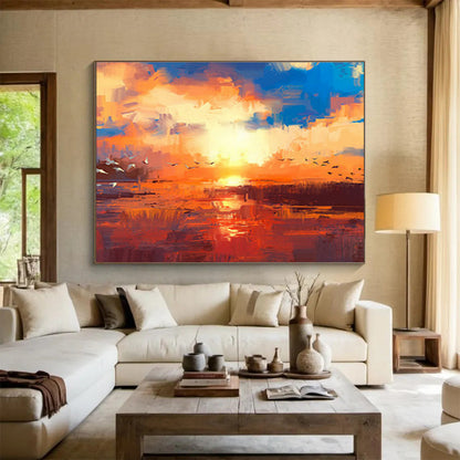 Orange - Blue Sunset with Birds Art for Serene Garden Room DLZ2771