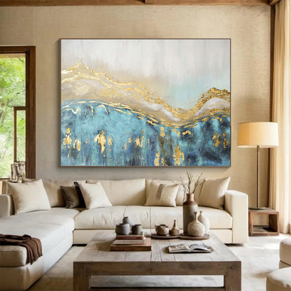 Gold - Accented Blue Landscape Abstract Art for Luxe Hotel Spa Suites DLZ3117