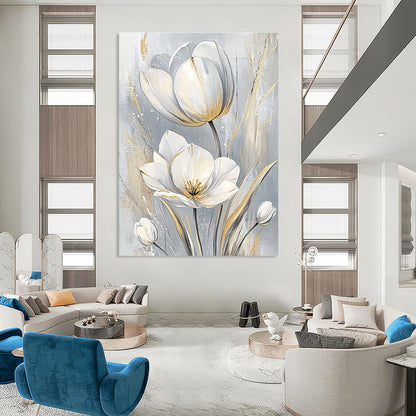 White Tulips with Gold Elegant Floral Art for Luxury Hotel Suite & Sophisticated Home Dining Room STSC1480
