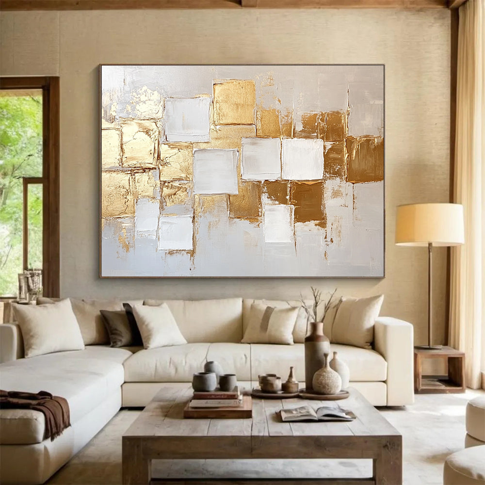 Gold and White Geometric Abstract Art for Luxury Hotel Suite & Upscale Art Gallery SC292