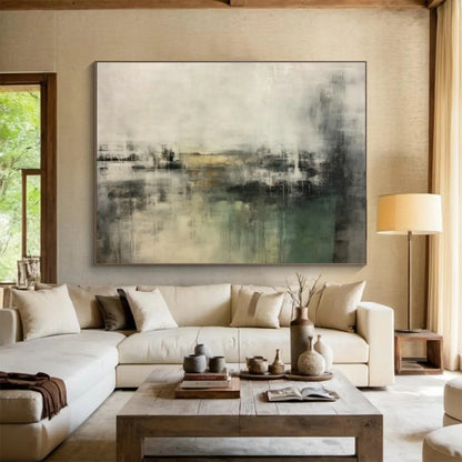 Textured Grey - Green Abstract Landscape Art for Serene Living Room Ambiance DLZ2703