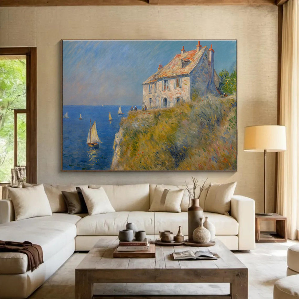 Seaside Stone House Oil Painting (Renoir - Style) for Coastal Villa Dining Areas DLZ2606