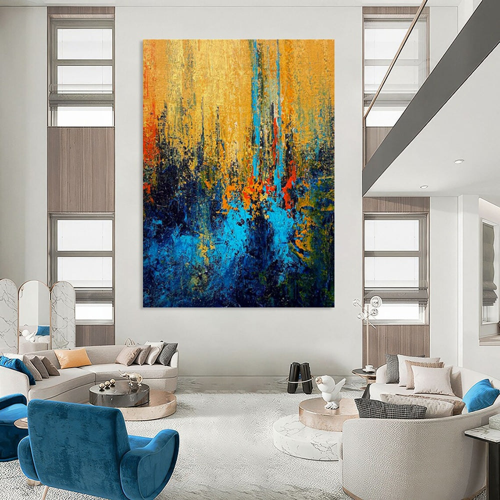 Golden - Yellow - Blue Abstract Art for Luxury Hotel Lobby Lounge Areas DLZ0026