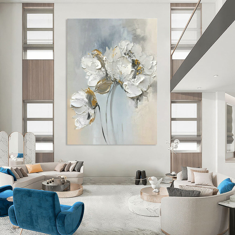 Gray - White Floral Oil Painting for Elegant Bedroom & High - End Boutique DLZ1588