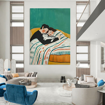 Couple with Cat on Green Sofa Art for Pet - Friendly Home & Cozy Café DLZ0699
